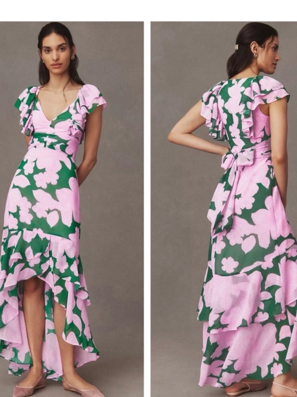 ANTHROPOLOGIE Hutch Chiffon Short Sleeve Maxi Dress NEW Pink Green Size 8